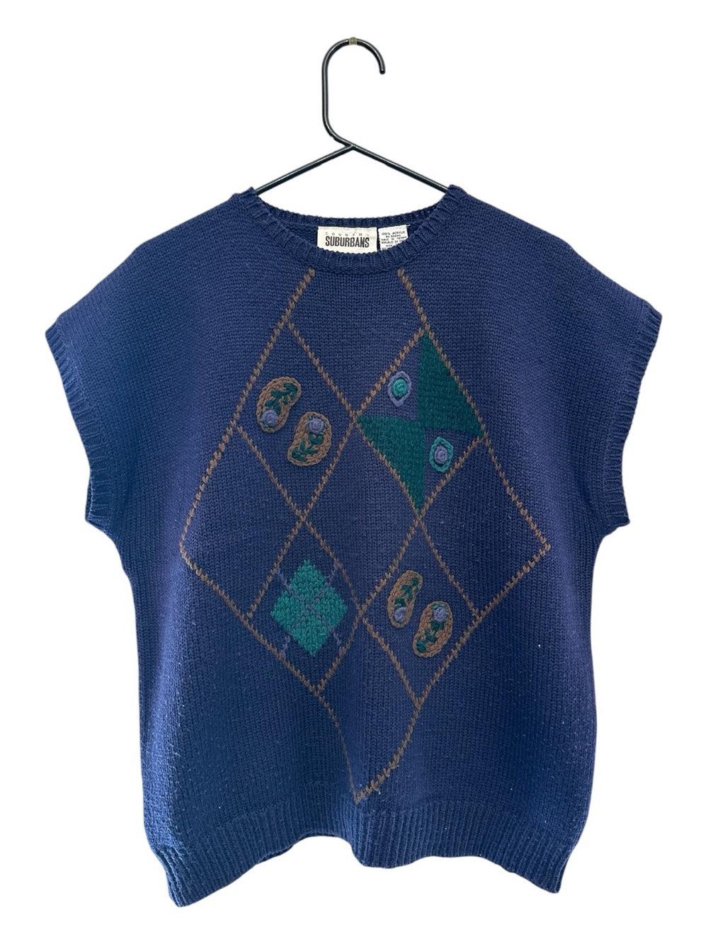 Vintage 80s/90s Country Suburbans Blue Sweater Vest w/ Green Diamond Motif L